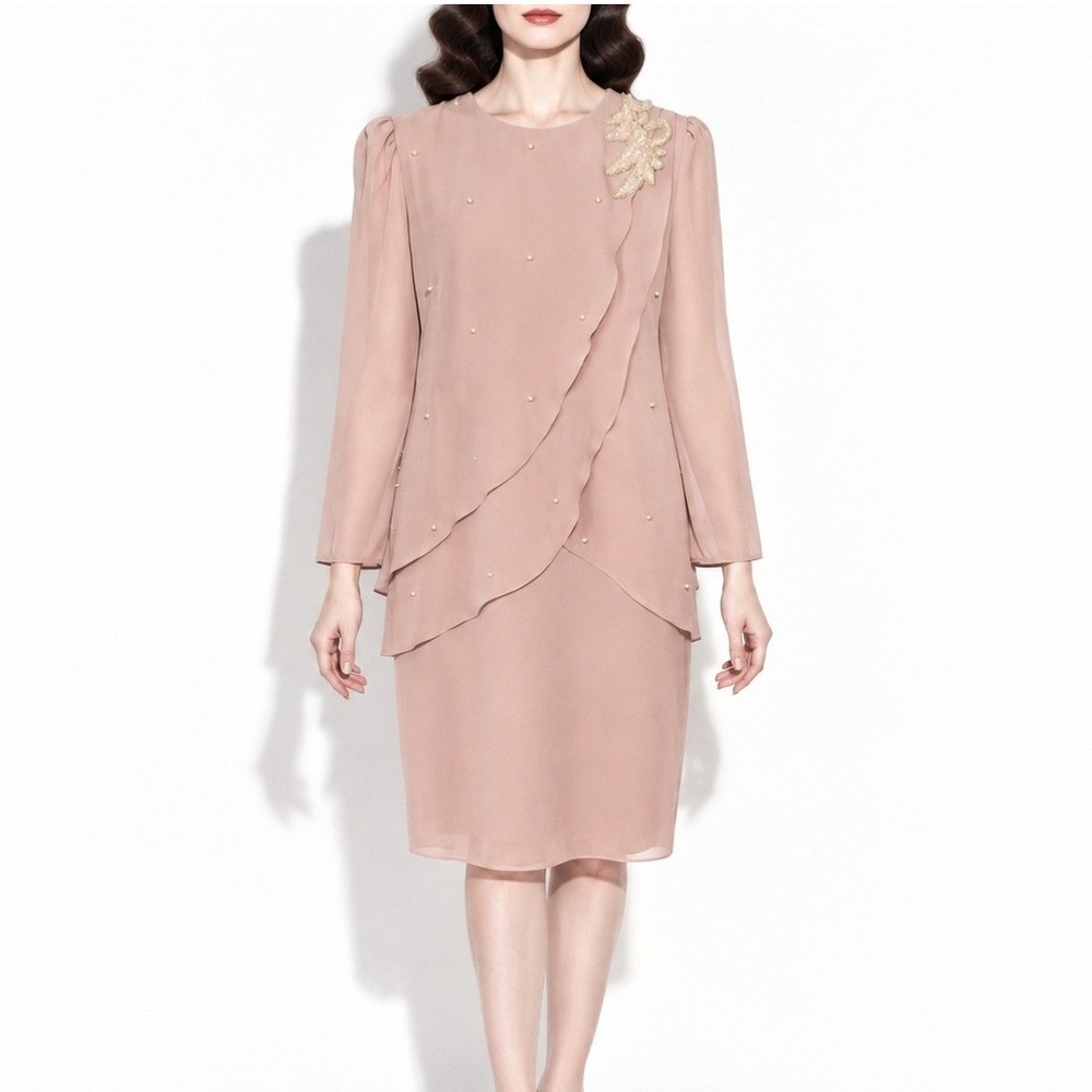 80s Vintage Beaded Sheath Dress Womens 14 Pastel Pink Layered Chiffon Patra